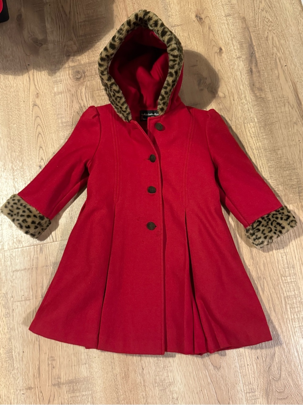 Stephanie Matthews Vintage Kids Red Wool Coat Girls 5 Leopard Trim - Picture 4 of 8